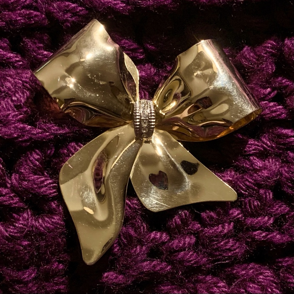 Vintage SHINY Gold BOW with crystals pin Brooch